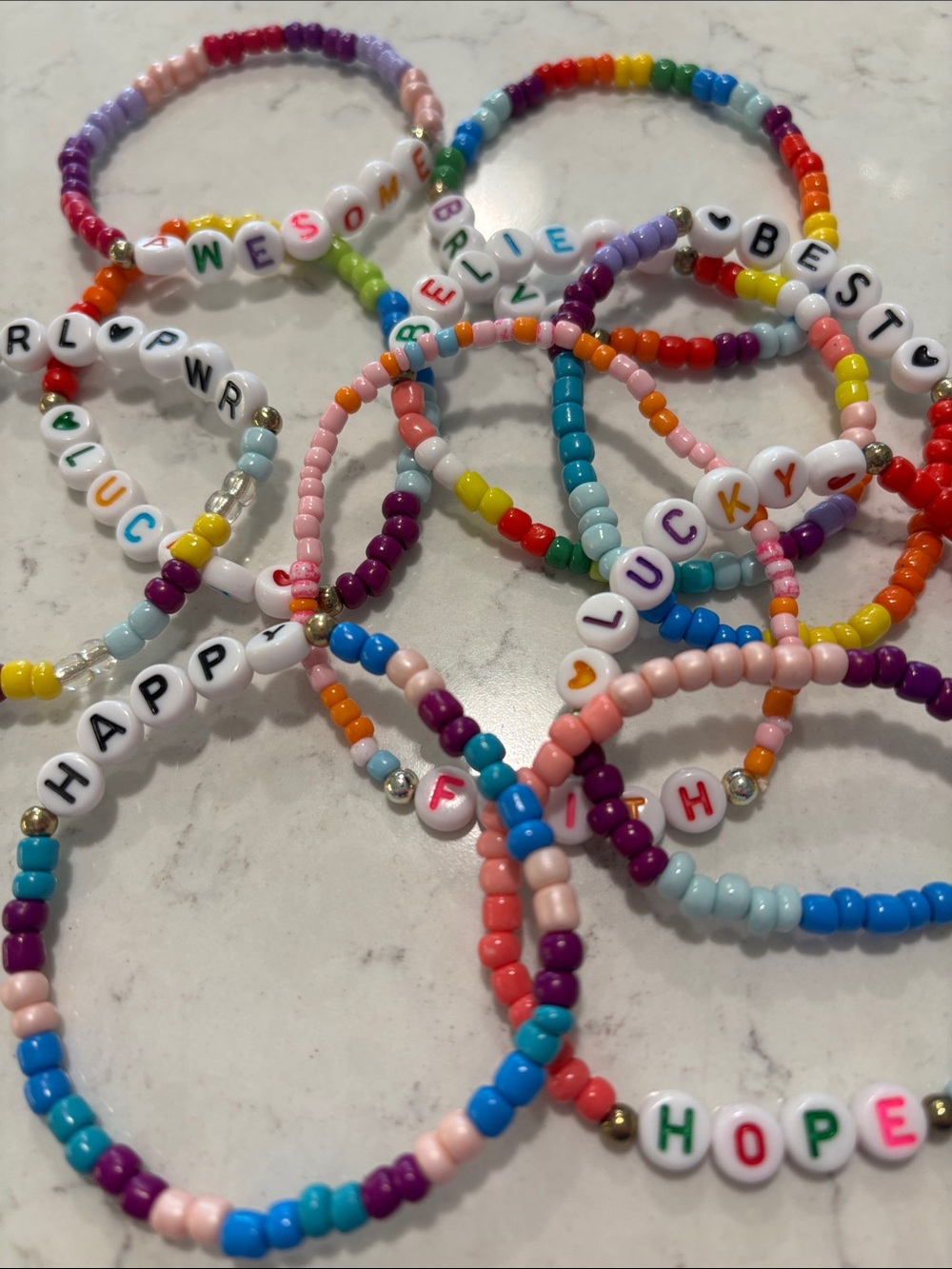 NEW Set of 10 Handmade Kids Beaded Word Bracelets - Multicolor